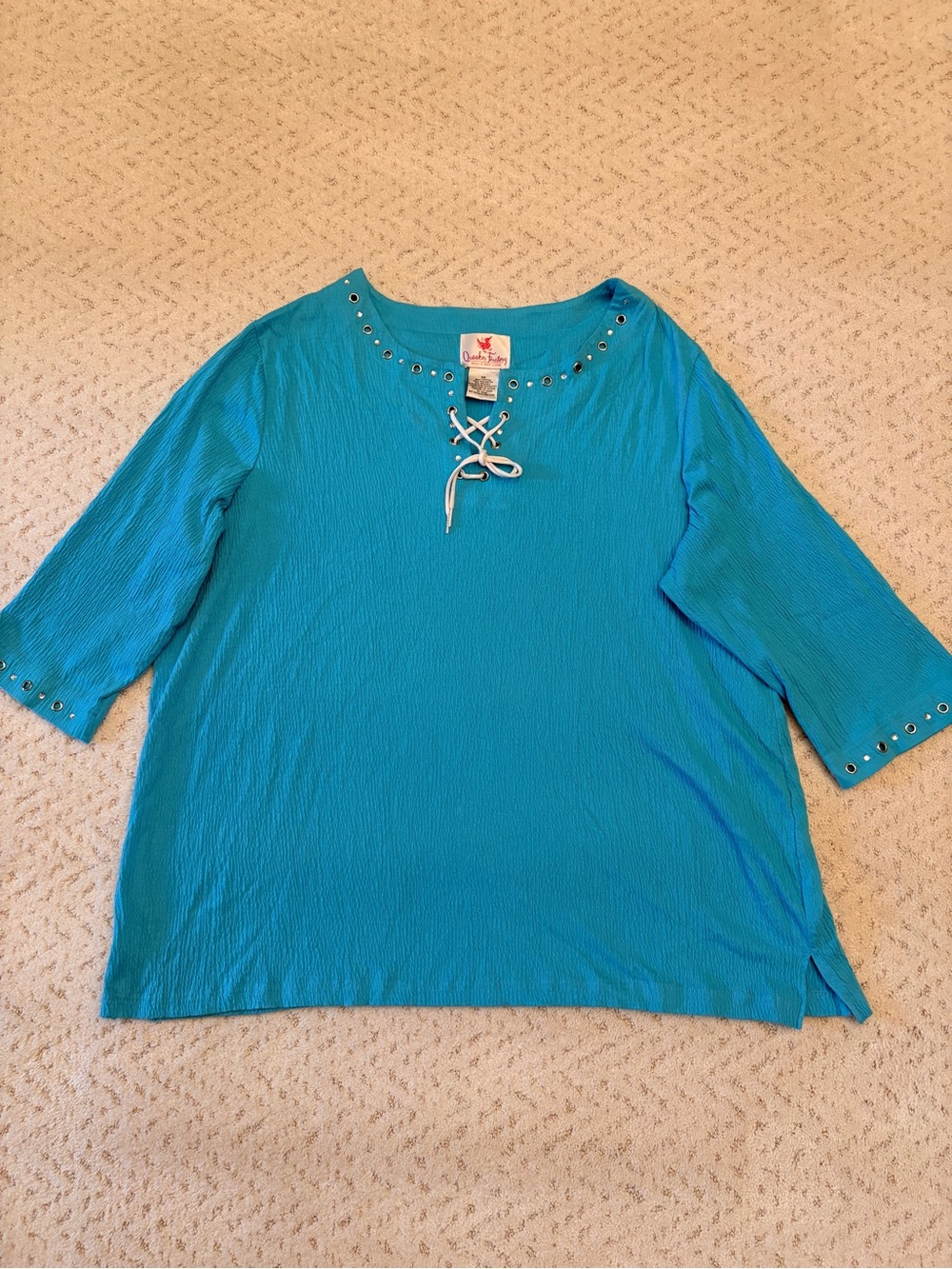 Quacker Factory Blue Coastal Tunic Top Size 3X Grommet Bling Detail Relaxed Fit